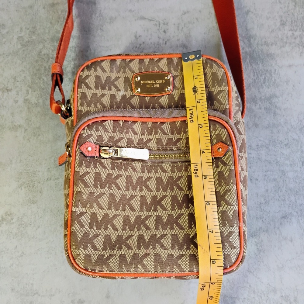 Michael Kors Signature Flight Crossbody Bag Brown Orange Leather Trim - Picture 14 of 16